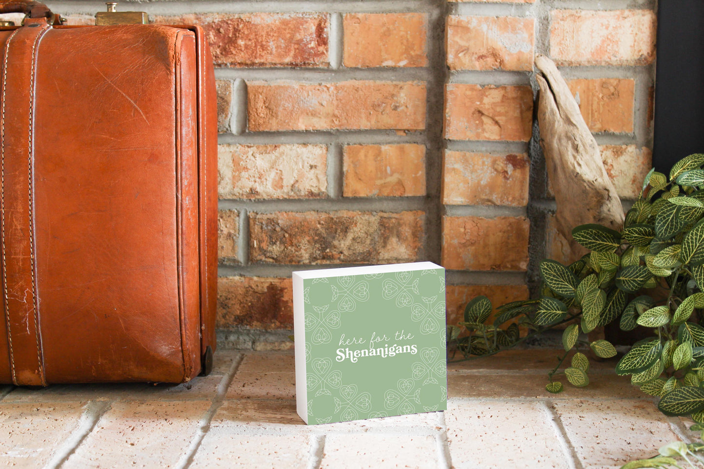 Sage Green Shamrock Here For The Shenanigans | Wood Block | Eaches | Min 4