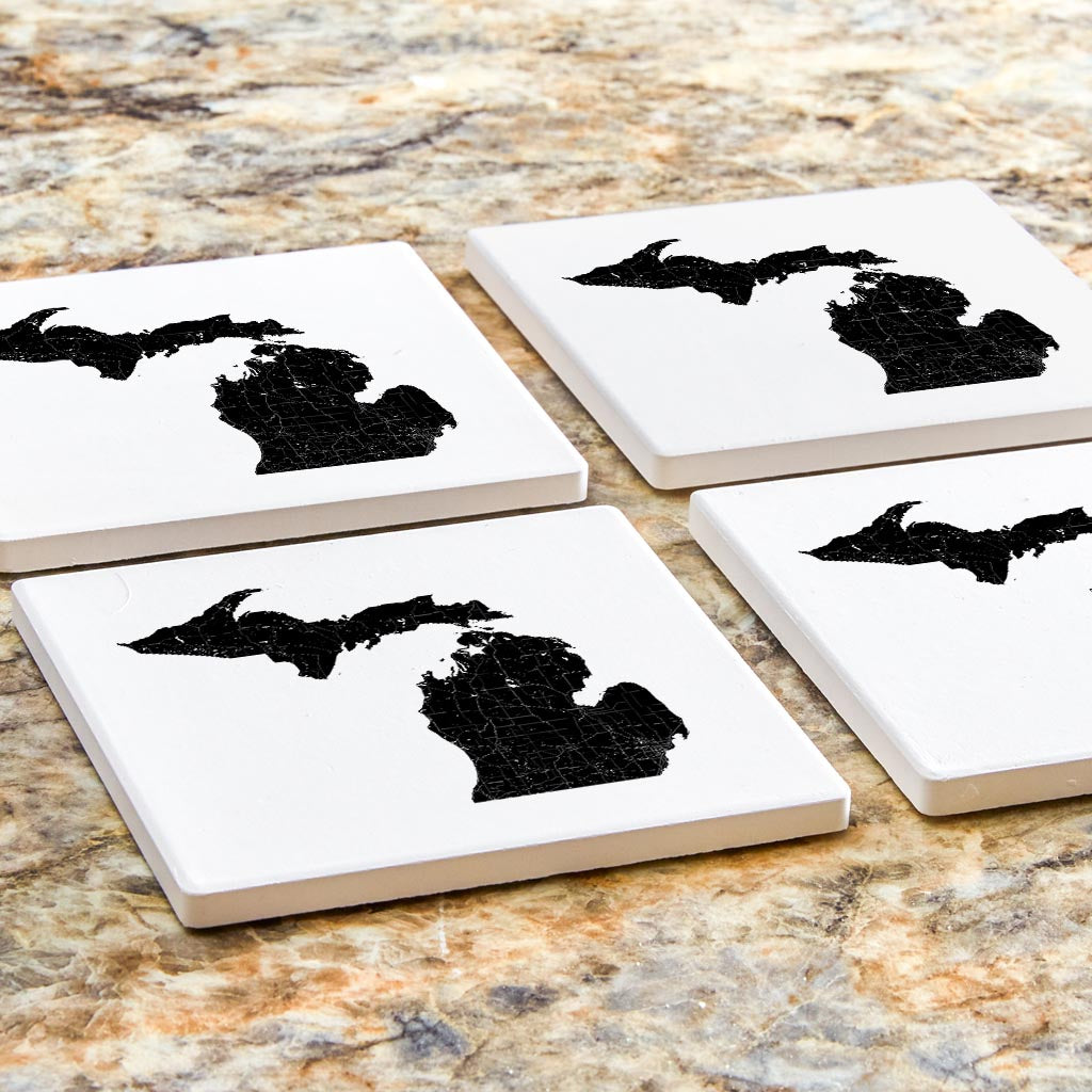 Minimalistic B&W Michigan Map Petoskey Star | Absorbent Coasters | Set of 4 | Min 2