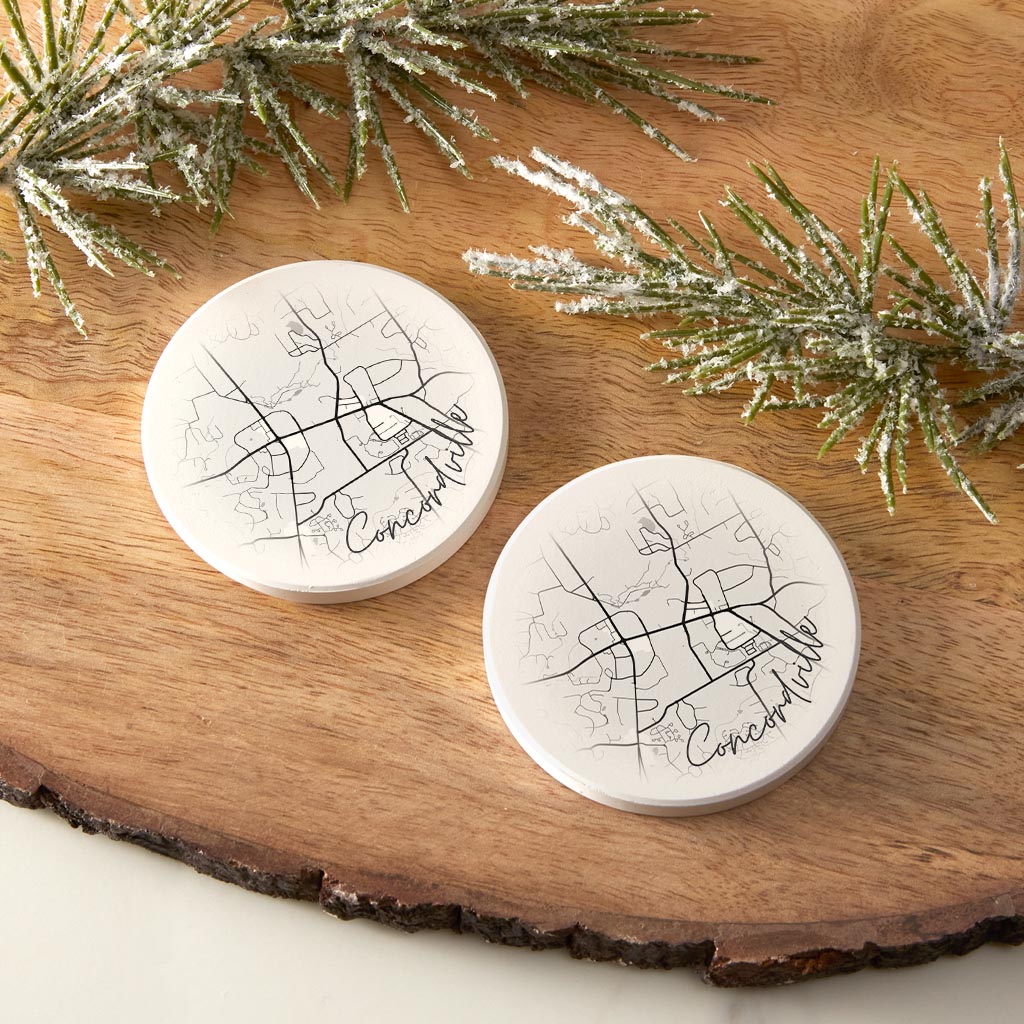 Minimalistic B&W Pennsylvania Concordville Circle Map | Absorbent Car Coasters | Set of 2 | Min 4