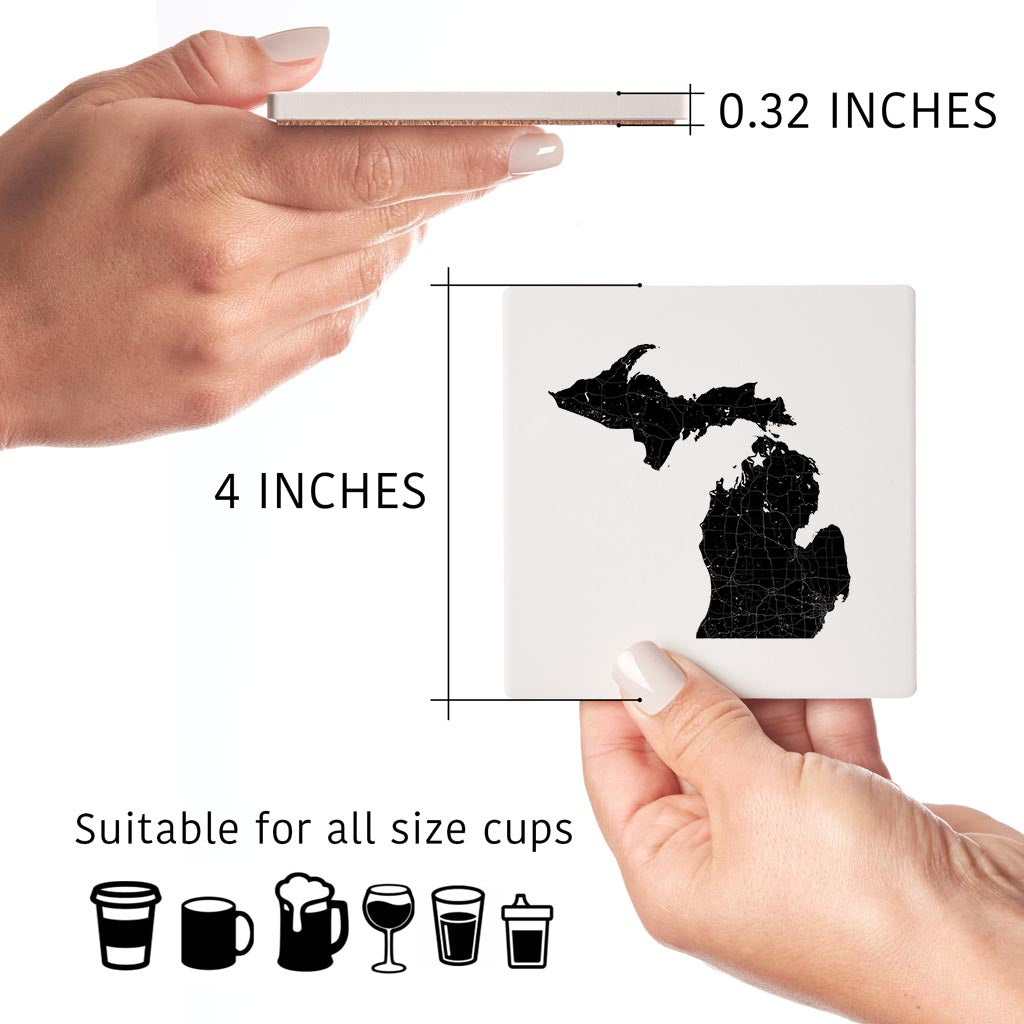 Minimalistic B&W Michigan Map Petoskey Star | Absorbent Coasters | Set of 4 | Min 2