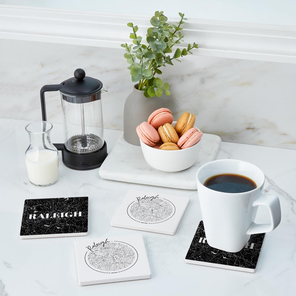 Minimalistic B&W North Carolina Raleigh Maps | Absorbent Coasters | Set of 4 | Min 2