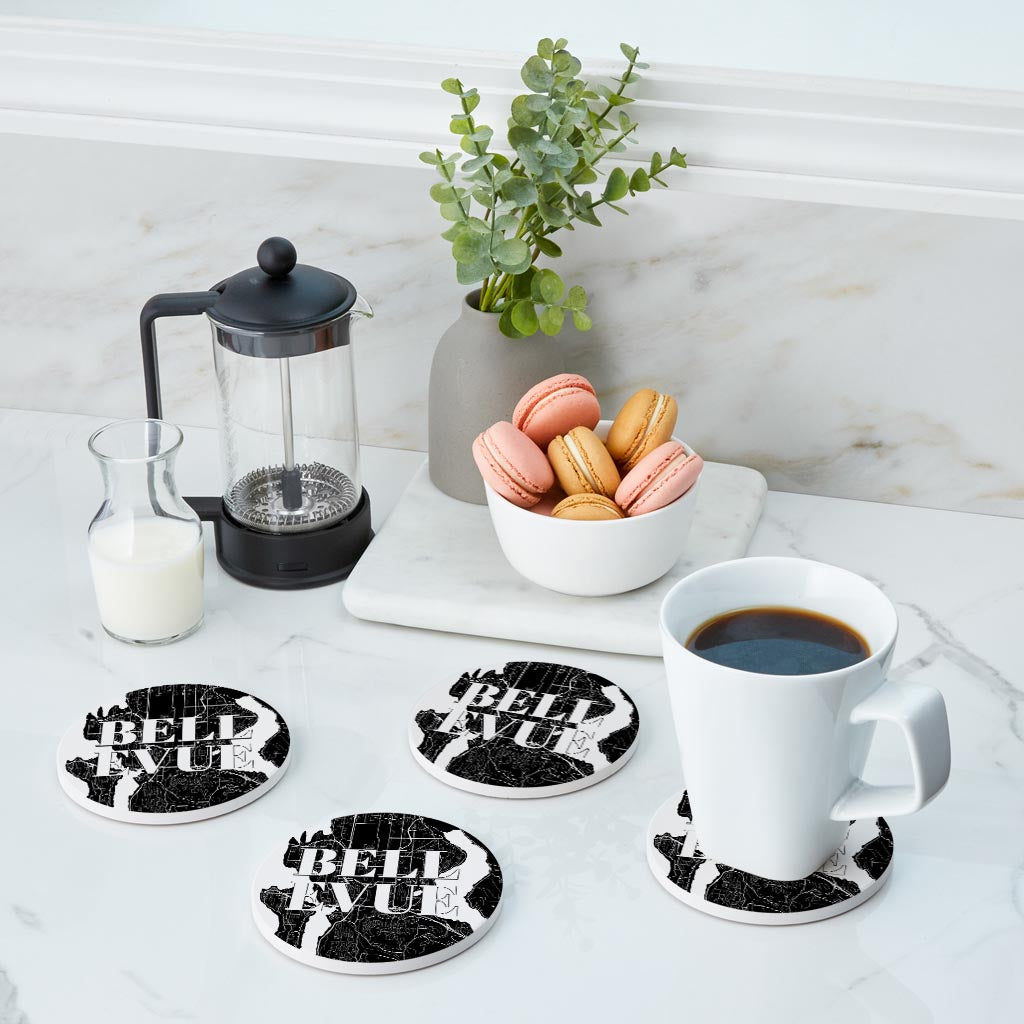 Minimalistic B&W Washington Bellevue Map | Absorbent Coasters | Set of 4 | Min 2