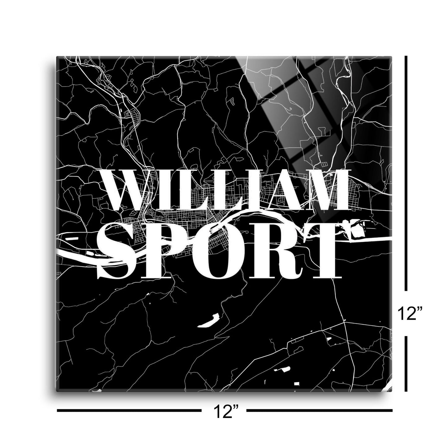 Minimalistic B&W Pennsylvania Williamsport Map | Hi-Def Glass Art | Eaches | Min 1