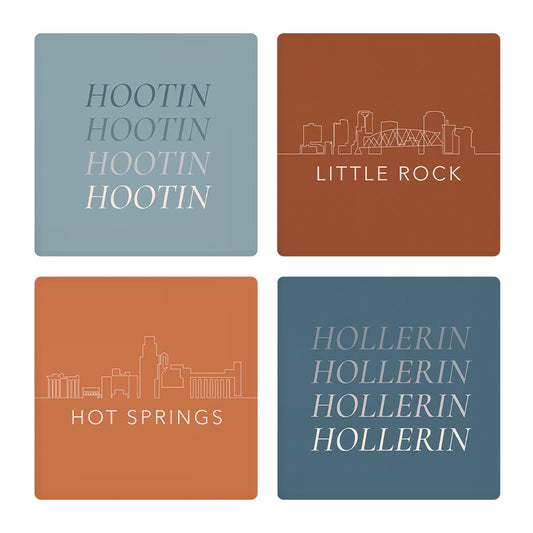 Modern Minimalist Arkansas Skyline Hootin Hollerin | Absorbent Coasters | Set of 4 | Min 2