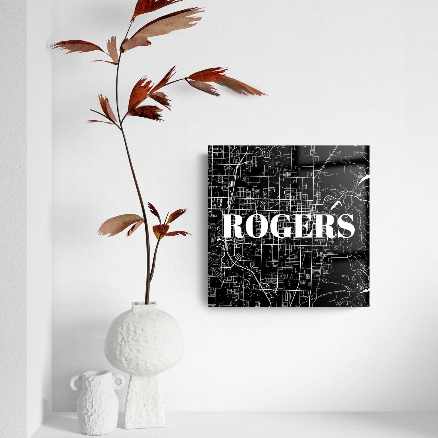 Minimalist B&W Arkansas Rogers Map | Hi-Def Glass Art | Eaches | Min 2