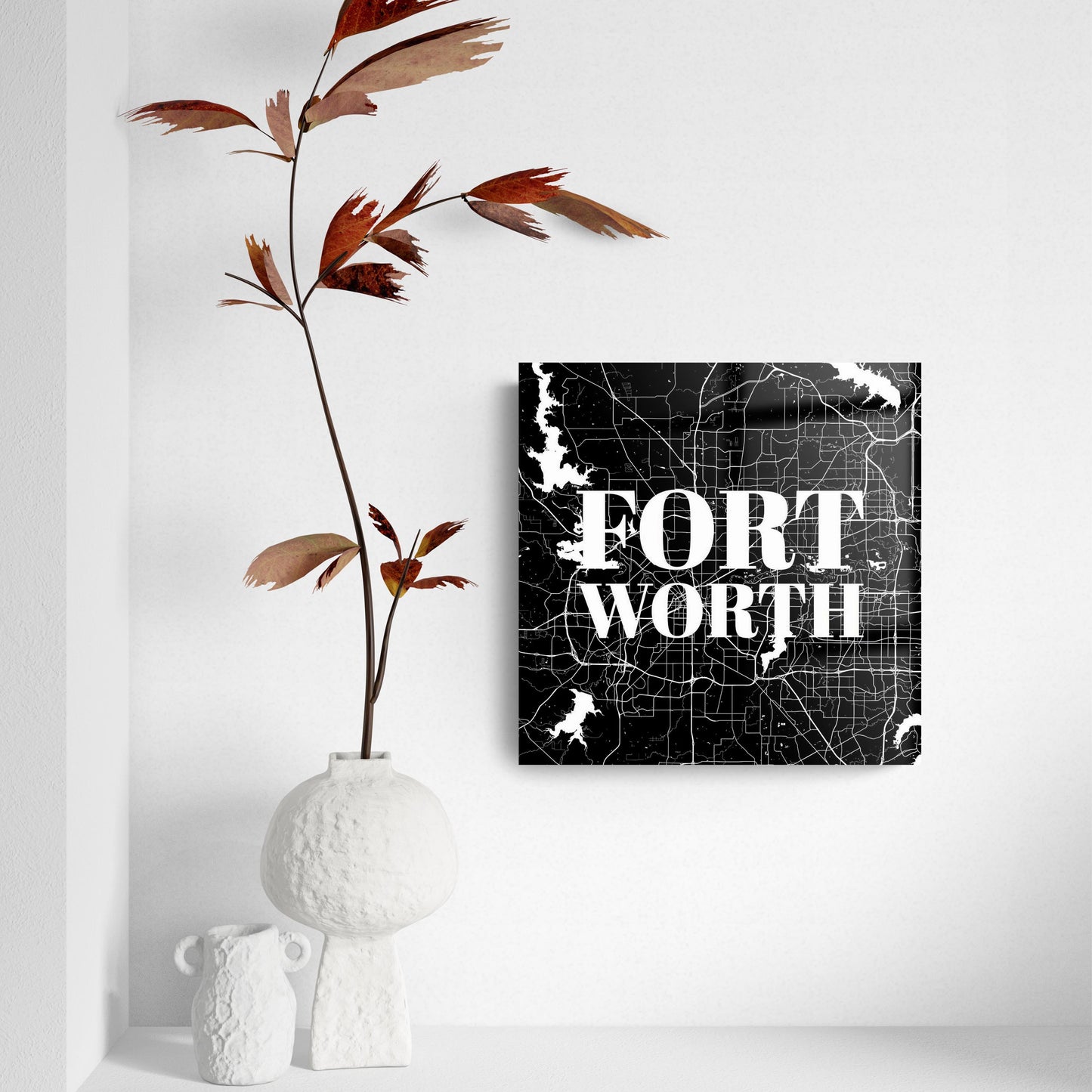 Minimalistic B&W Texas Fort Worth Map | Hi-Def Glass Art | Eaches | Min 2