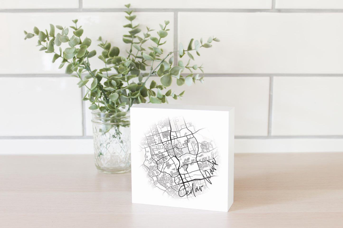 Minimalistic B&W Texas Cedar Park Circle Map | Wood Block | Eaches | Min 4