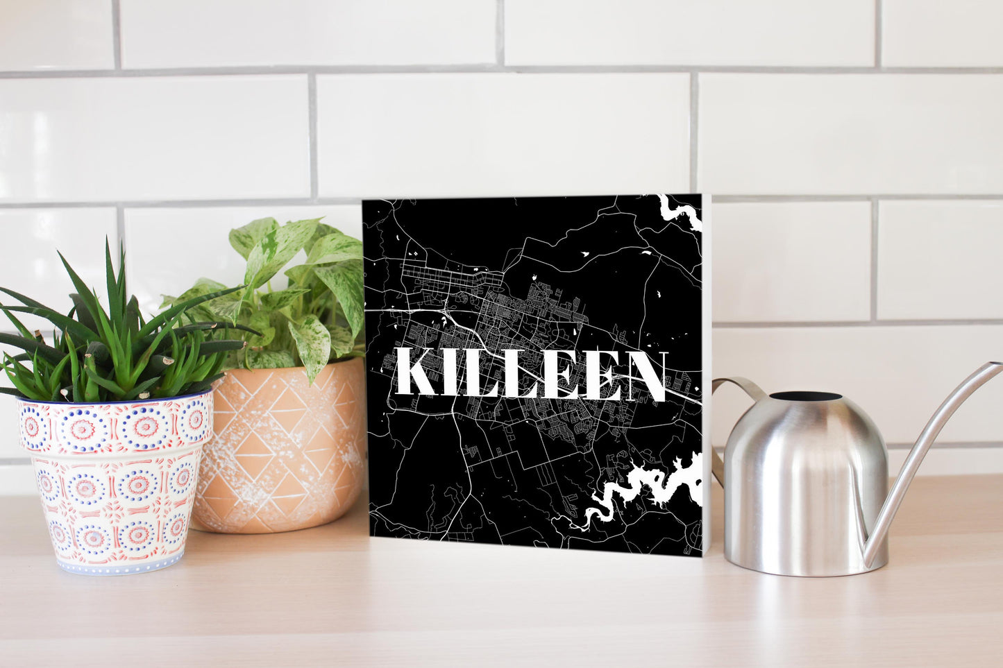 Minimalistic B&W Texas Killeen Map | Wood Block | Eaches | Min 2
