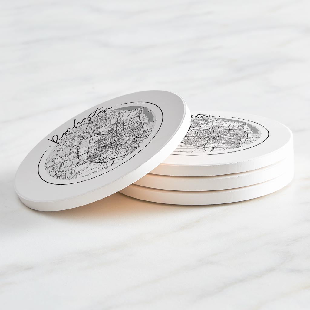Minimalistic B&W New York Rochester Circle Map | Absorbent Coasters | Set of 4 | Min 2
