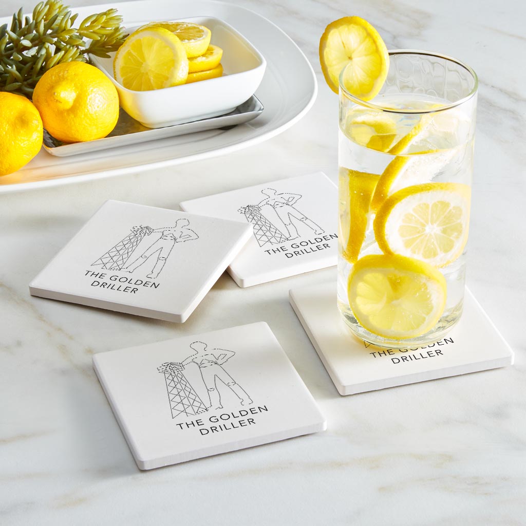 Modern Oklahoma Line Drawing The Golden Driller | Absorbent Coasters | Set of 4 | Min 2