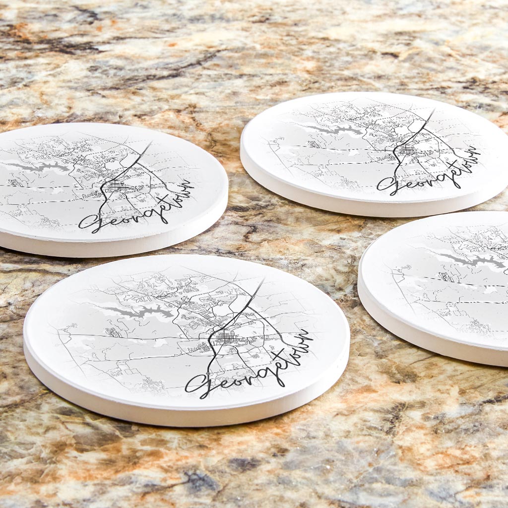 Minimalistic B&W Texas Georgetown Circle Map | Absorbent Coasters | Set of 4 | Min 2