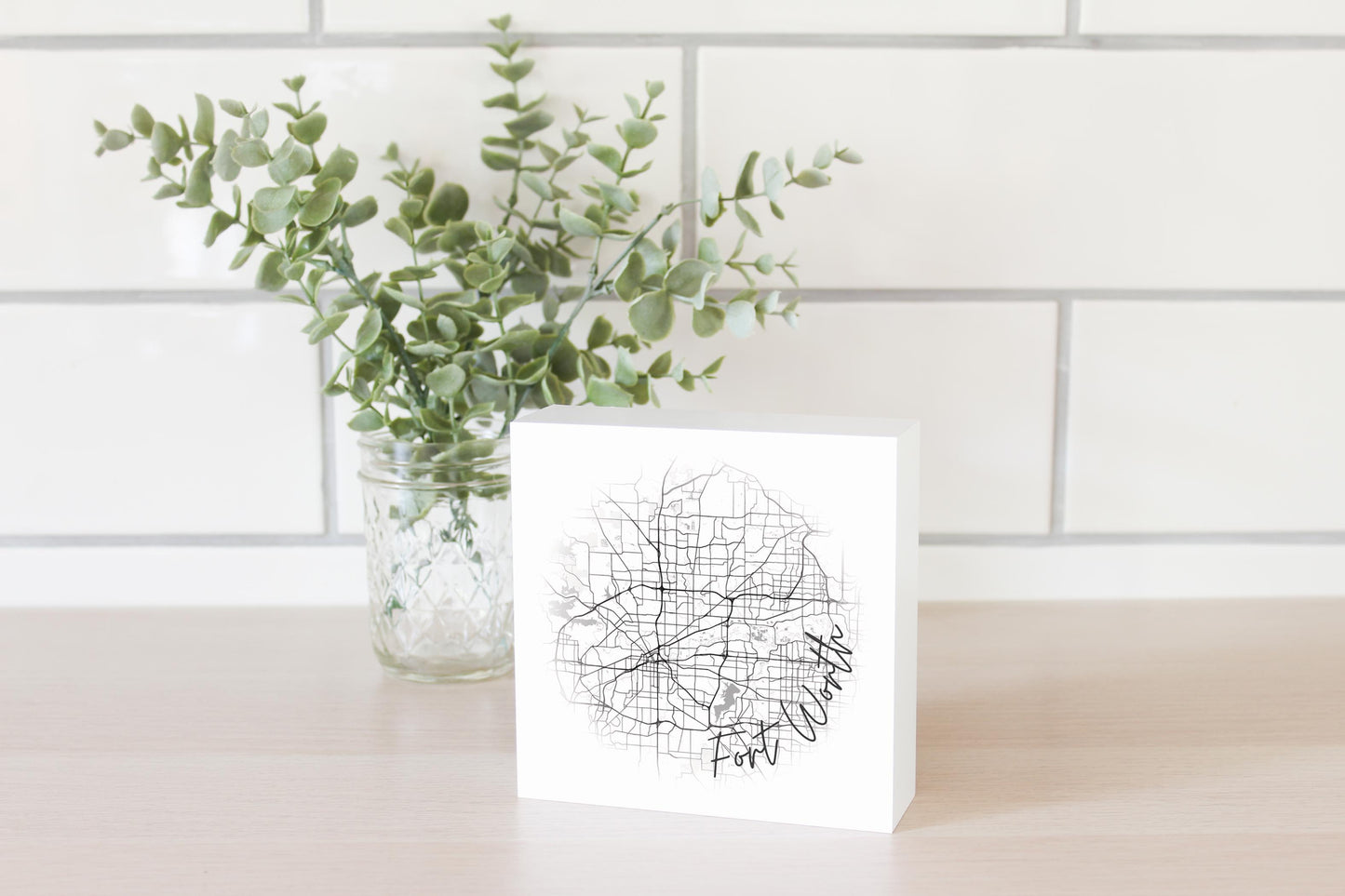 Minimalistic B&W Texas Fort Worth Circle Map | Wood Block | Eaches | Min 4