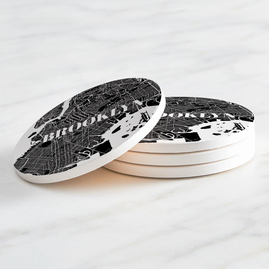 Minimalistic B&W New York Brooklyn Map | Absorbent Coasters | Set of 4 | Min 2