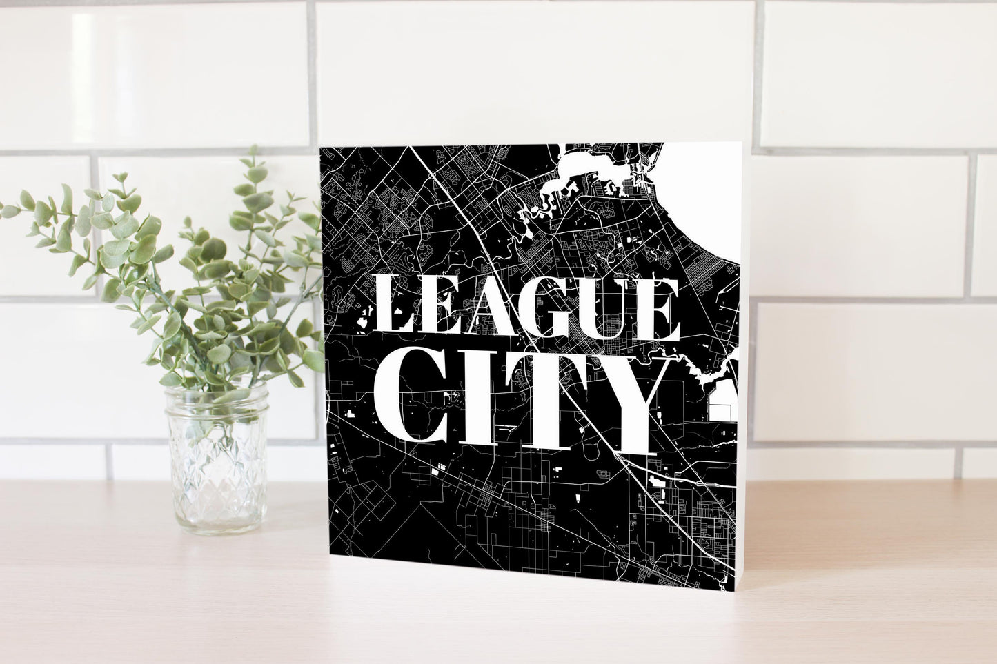 Minimalistic B&W Texas League City Map | Wood Block | Eaches | Min 2