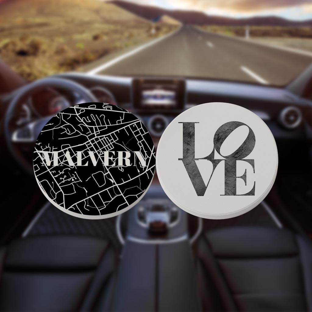 Minimalistic B&W Pennsylvania Malvern Map Love| Absorbent Car Coasters | Set of 2 | Min 4