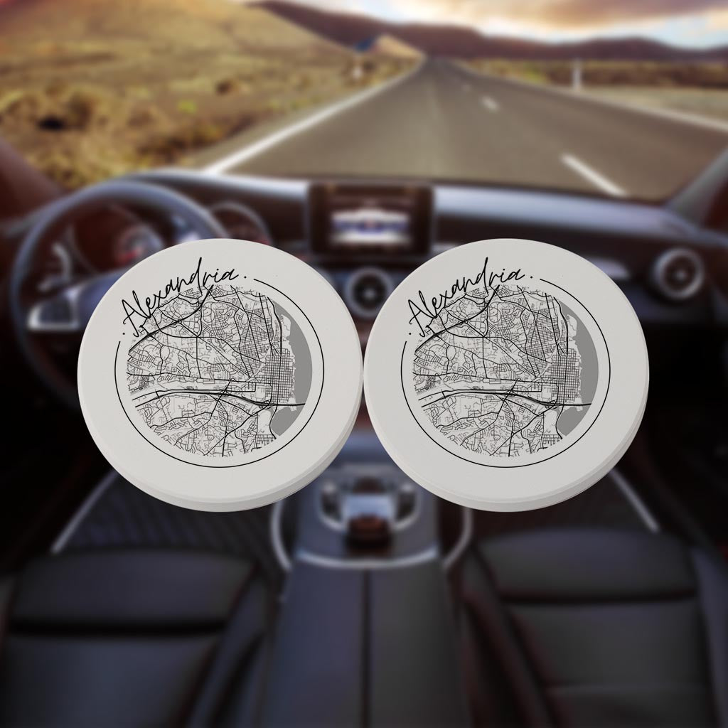 Minimalistic B&W Virginia Alexandria Circle Map | Absorbent Car Coasters | Set of 2 | Min 4