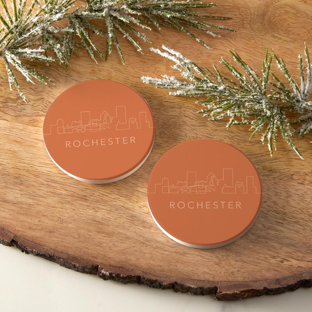 Modern Minimalistic New York Rochester Skyline | Absorbent Car Coasters | Set of 2 | Min 4