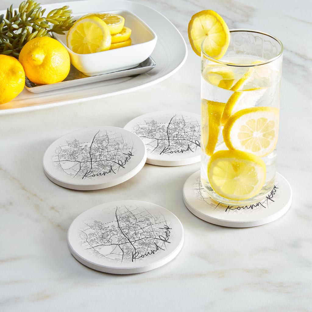 Minimalistic B&W Texas Round Rock Circle Map | Absorbent Coasters | Set of 4 | Min 2