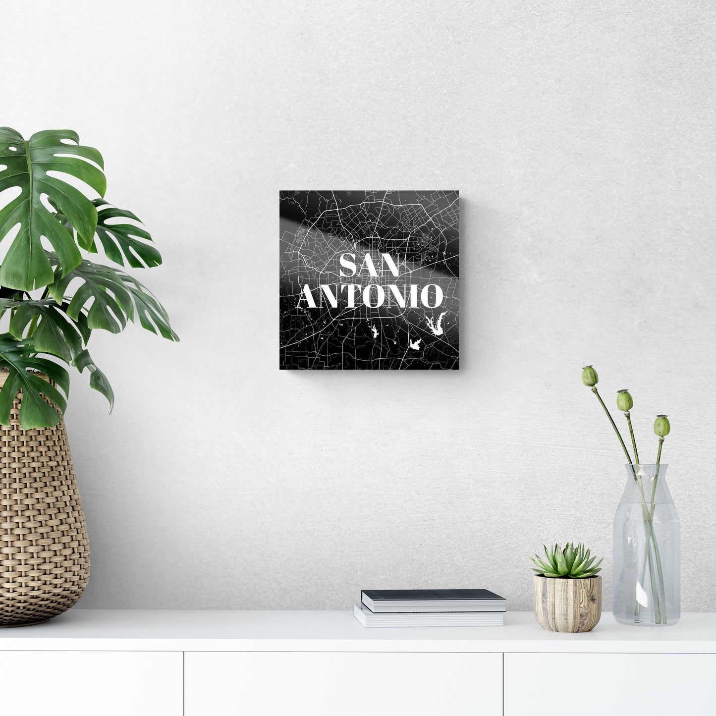 Minimalistic B&W Texas San Antonio Map | Hi-Def Glass Art | Eaches | Min 1
