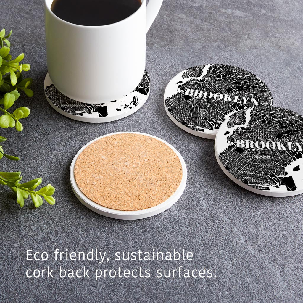 Minimalistic B&W New York Brooklyn Map | Absorbent Coasters | Set of 4 | Min 2