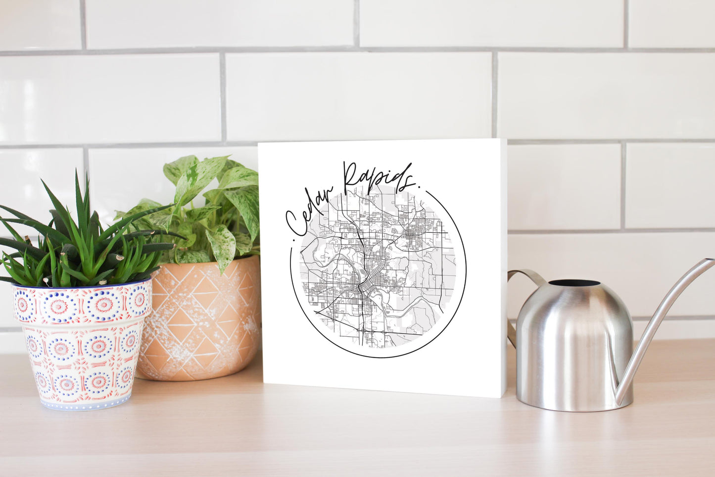 Minimalistic B&W Iowa Cedar Rapids Circle Map | Wood Block | Eaches | Min 2