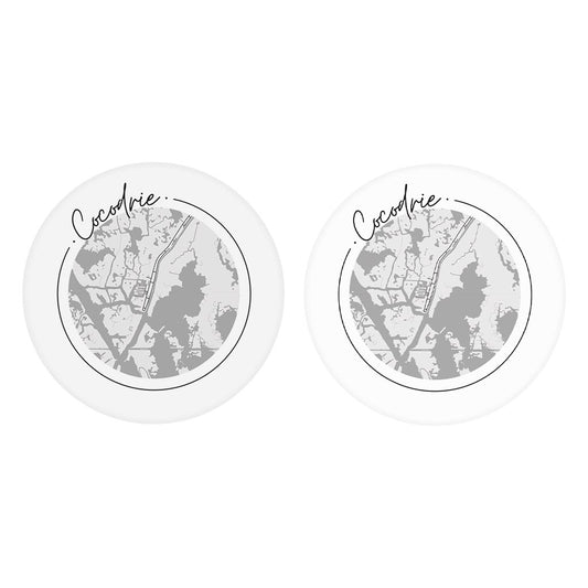 Minimalist B&W Louisiana Cocodrie Circle Map | Absorbent Car Coasters | Set of 2 | Min 4