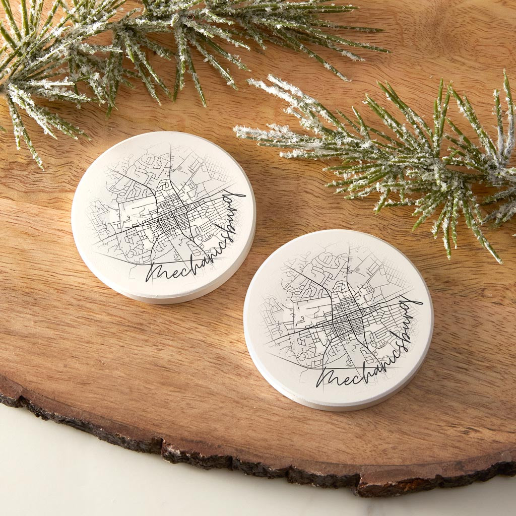 Minimalistic B&W Pennsylvania Mechanicsburg Circle Map | Absorbent Car Coasters | Set of 2 | Min 4