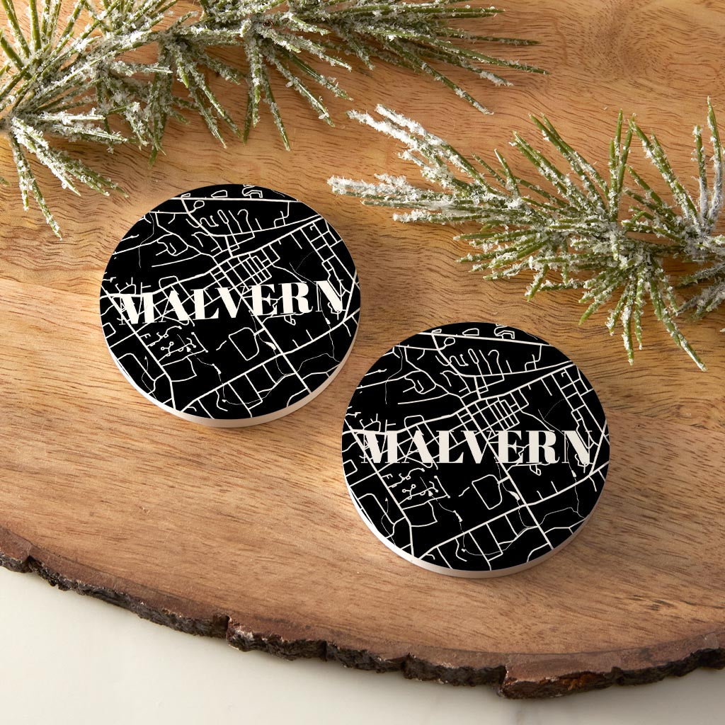 Minimalistic B&W Pennsylvania Malvern Map | Absorbent Car Coasters | Set of 2 | Min 4