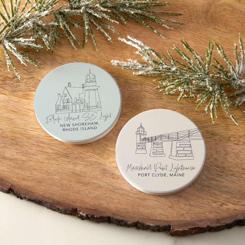 New England Lighthouses Muted Coastal | Absorbent Car Coasters | Set of 2 | Min 4