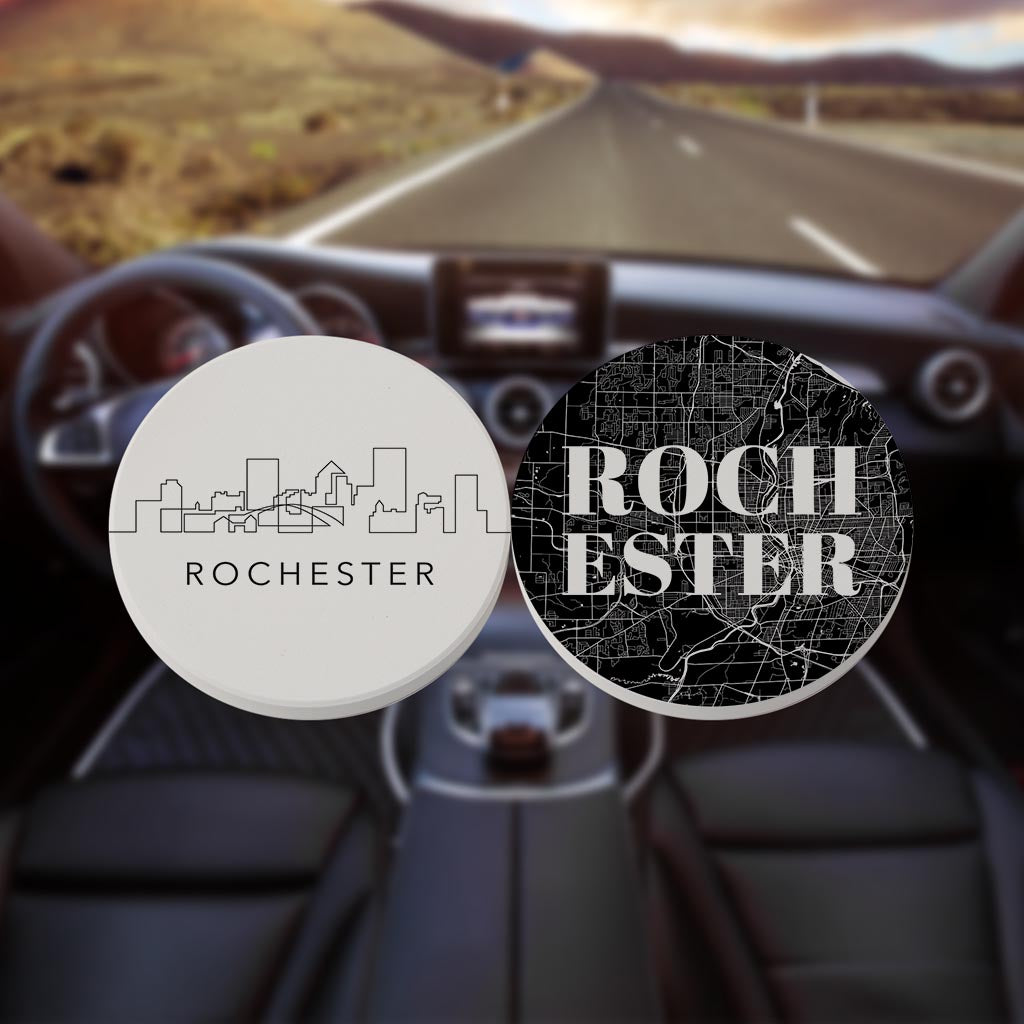 Minimalistic B&W New York Rochester Map Skyline| Absorbent Car Coasters | Set of 2 | Min 4