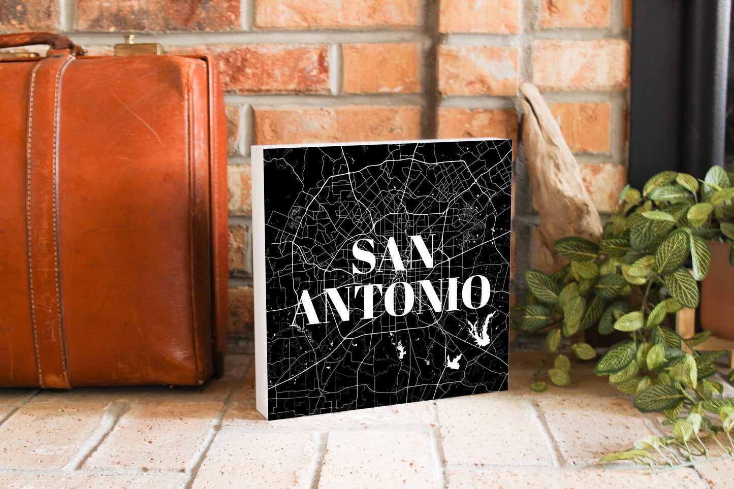 Minimalistic B&W Texas San Antonio Map | Wood Block | Eaches | Min 2