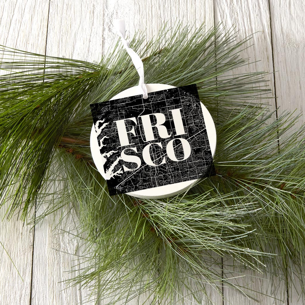 Minimalistic B&W Texas Frisco Map | Wood Ornament | Eaches | Min 6