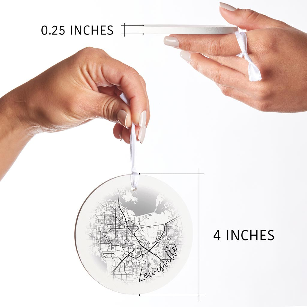 Minimalistic B&W Texas Lewisville Circle Map | Wood Ornament | Eaches | Min 6