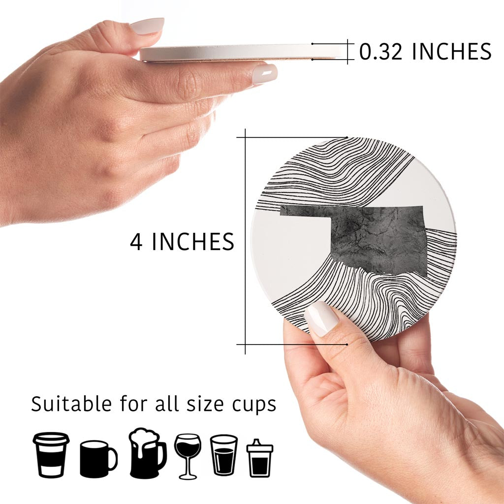 Modern Oklahoma State Shape With Fluid Lines | Absorbent Coasters | Set of 4 | Min 2