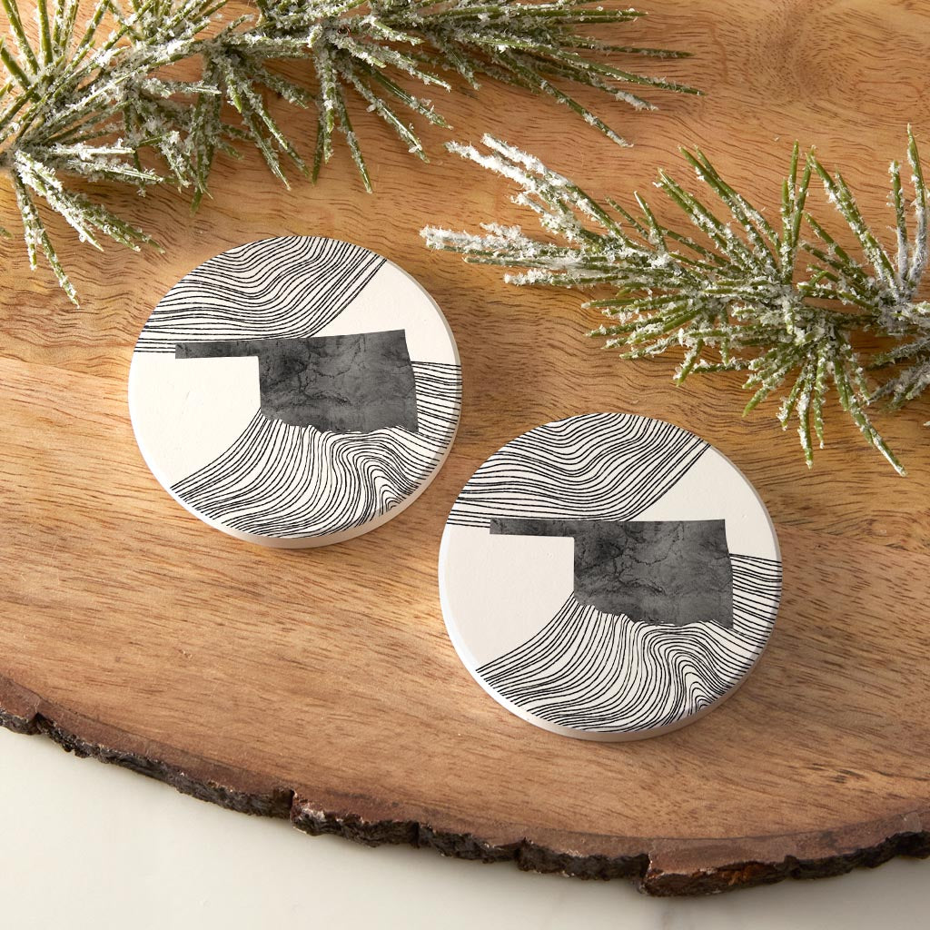 Modern Oklahoma State Shape With Fluid Lines | Absorbent Car Coasters | Set of 2 | Min 4