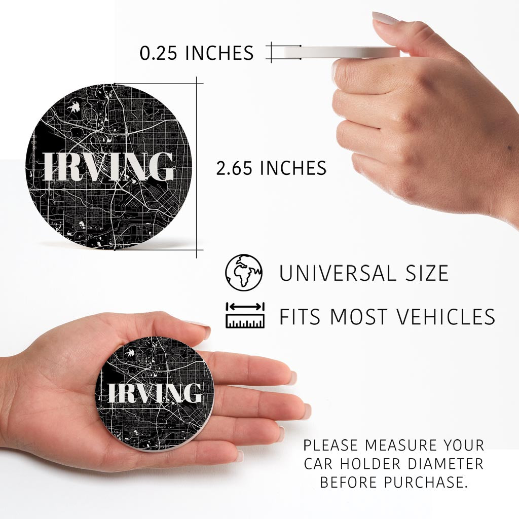 Minimalistic B&W Texas Irving Map | Absorbent Car Coasters | Set of 2 | Min 4