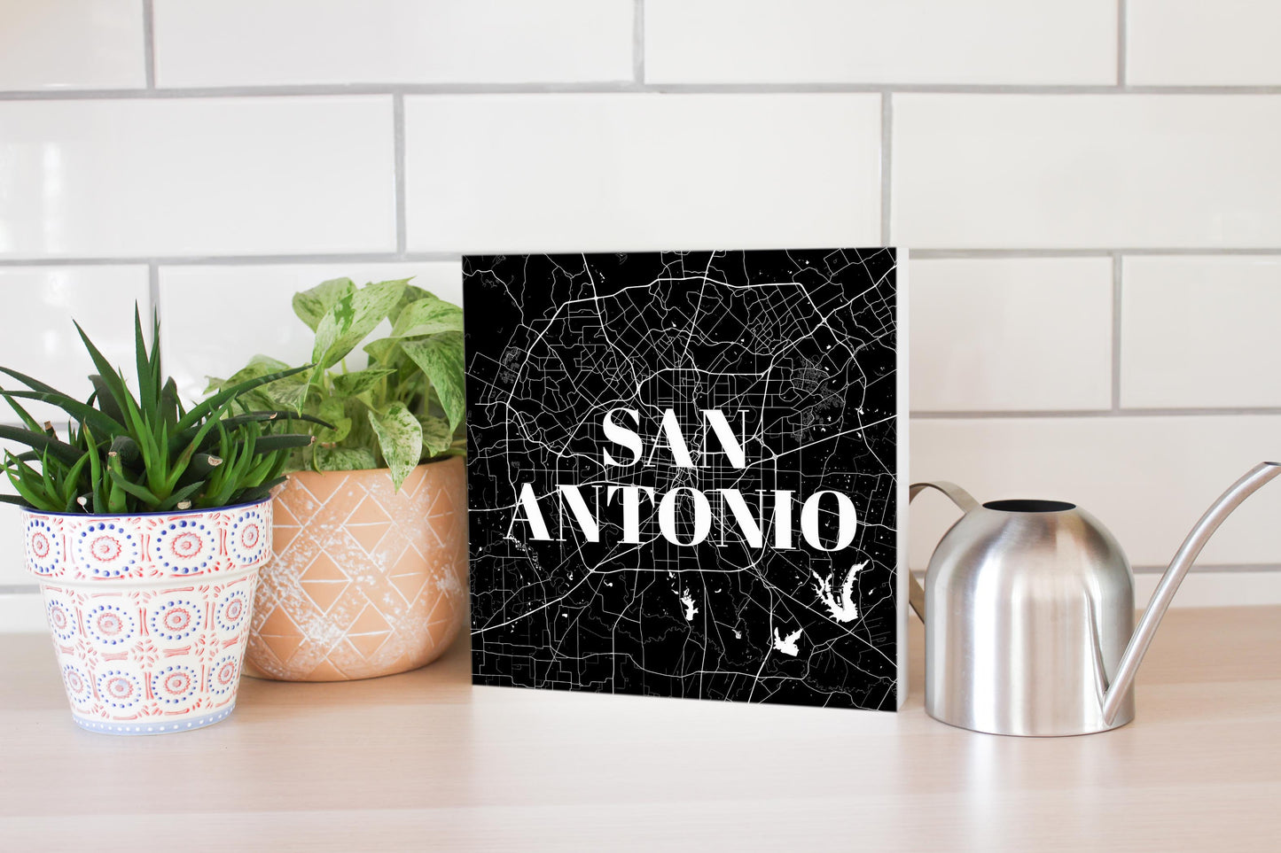 Minimalistic B&W Texas San Antonio Map | Wood Block | Eaches | Min 2