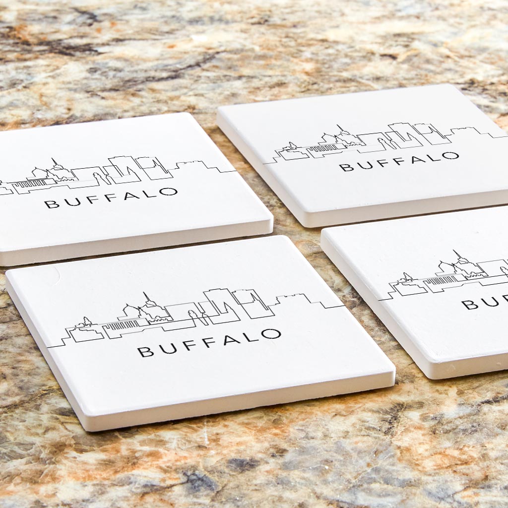 Minimalistic B&W New York Buffalo Skyline | Absorbent Coasters | Set of 4 | Min 2