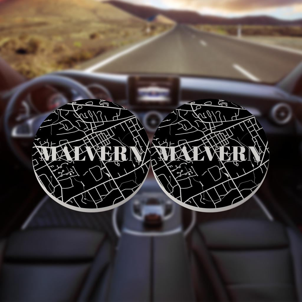 Minimalistic B&W Pennsylvania Malvern Map | Absorbent Car Coasters | Set of 2 | Min 4