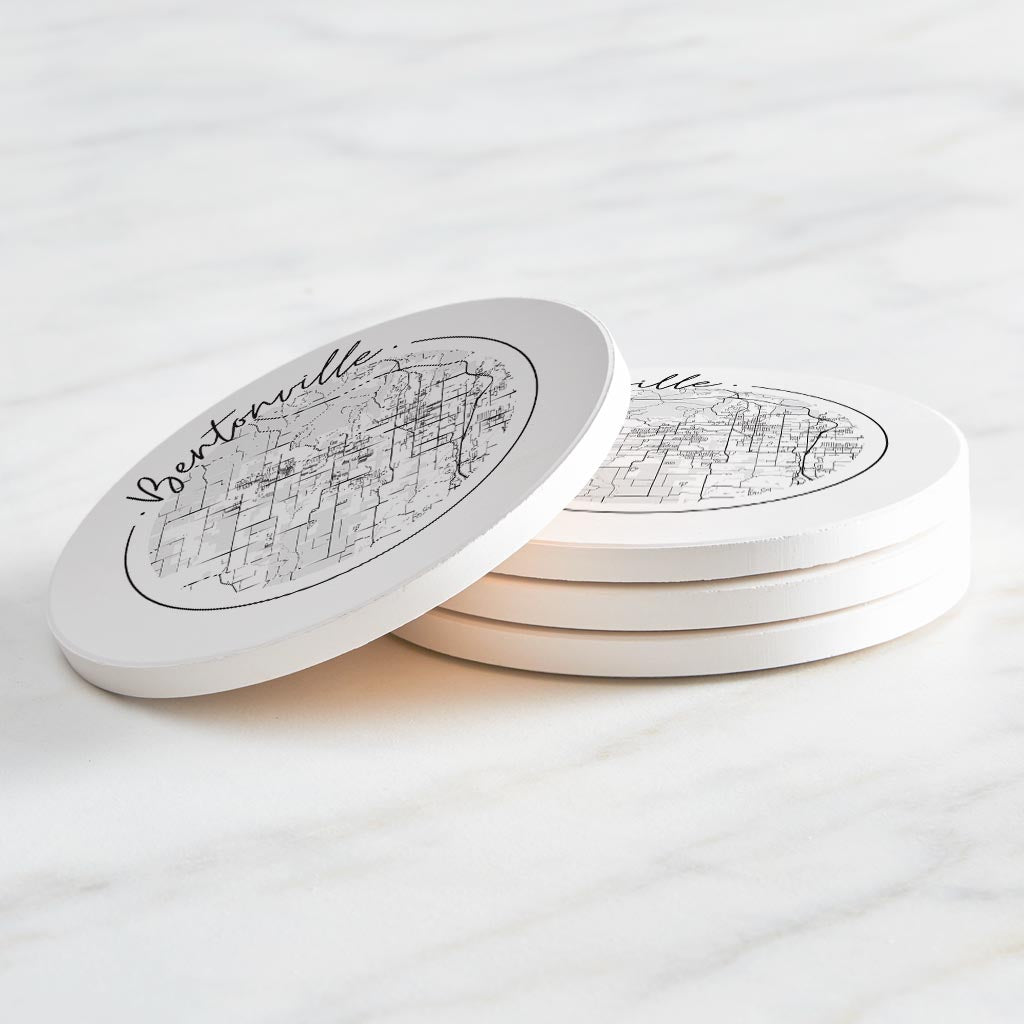 Minimalist B&W Arkansas Bentonville Circle Map | Absorbent Coasters | Set of 4 | Min 2