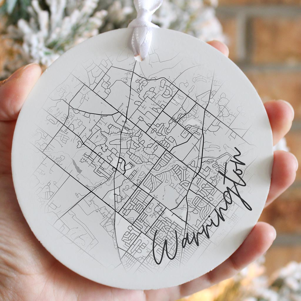 Minimalistic B&W Pennsylvania Warrington Circle Map| Wood Ornament | Eaches | Min 6