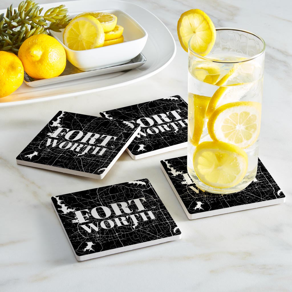 Minimalistic B&W Texas Fort Worth Map | Absorbent Coasters | Set of 4 | Min 2