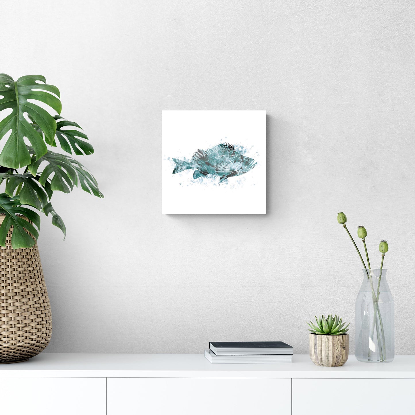 Blue White Water Color Red Fish | Hi-Def Glass Art | Eaches | Min 1