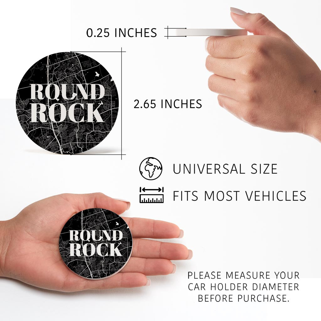 Minimalistic B&W Texas Round Rock Map | Absorbent Car Coasters | Set of 2 | Min 4