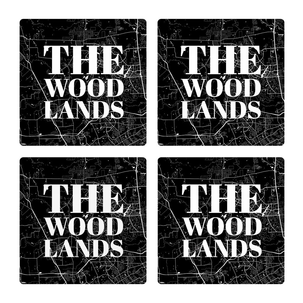 Minimalistic B&W Texas The Woodlands Map | Absorbent Coasters | Set of 4 | Min 2