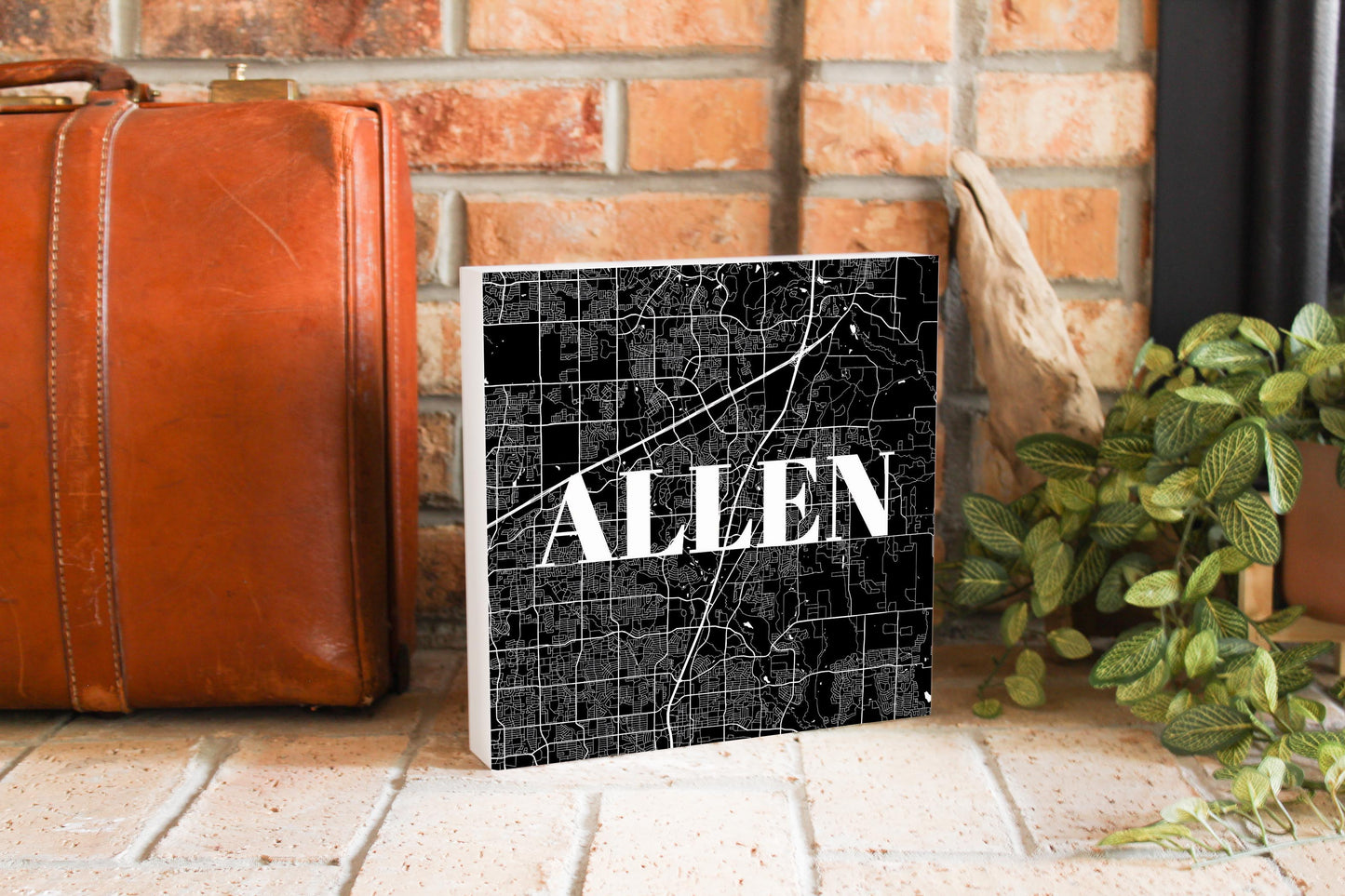 Minimalistic B&W Texas Allen Map | Wood Block | Eaches | Min 2