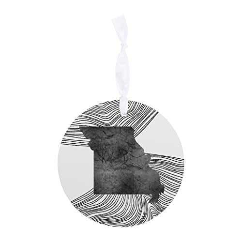 Minimalist B&W Missouri State With Fluid Lines Joyride Home Decor Ornament 4 Inch Wooden Round Ornament With White Ribbon Christmas Decor Gift Tag Artist Designed| Wood Ornament | Eaches | Min 6