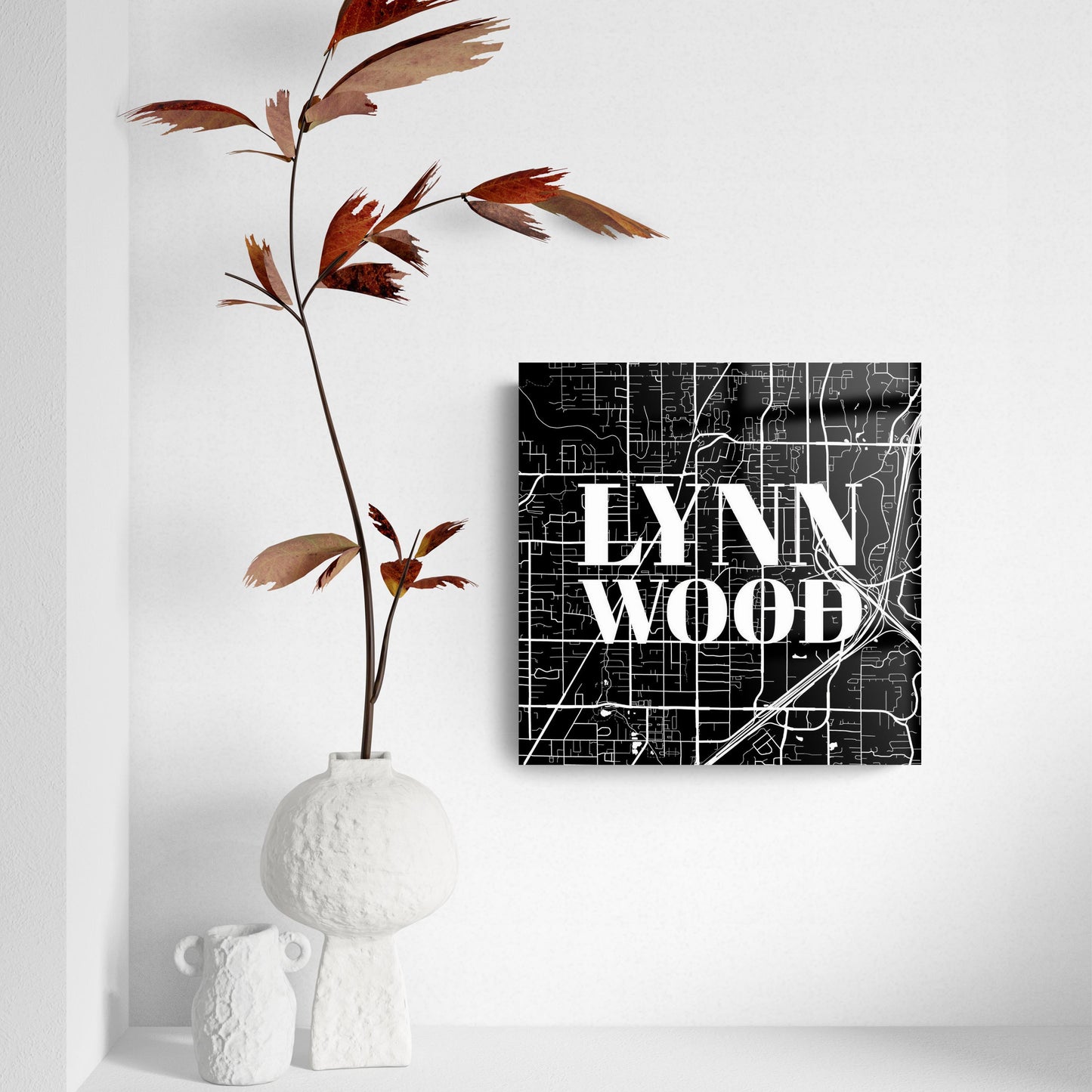 Minimalistic B&W Washington Lynnwood Map | Hi-Def Glass Art | Eaches | Min 2