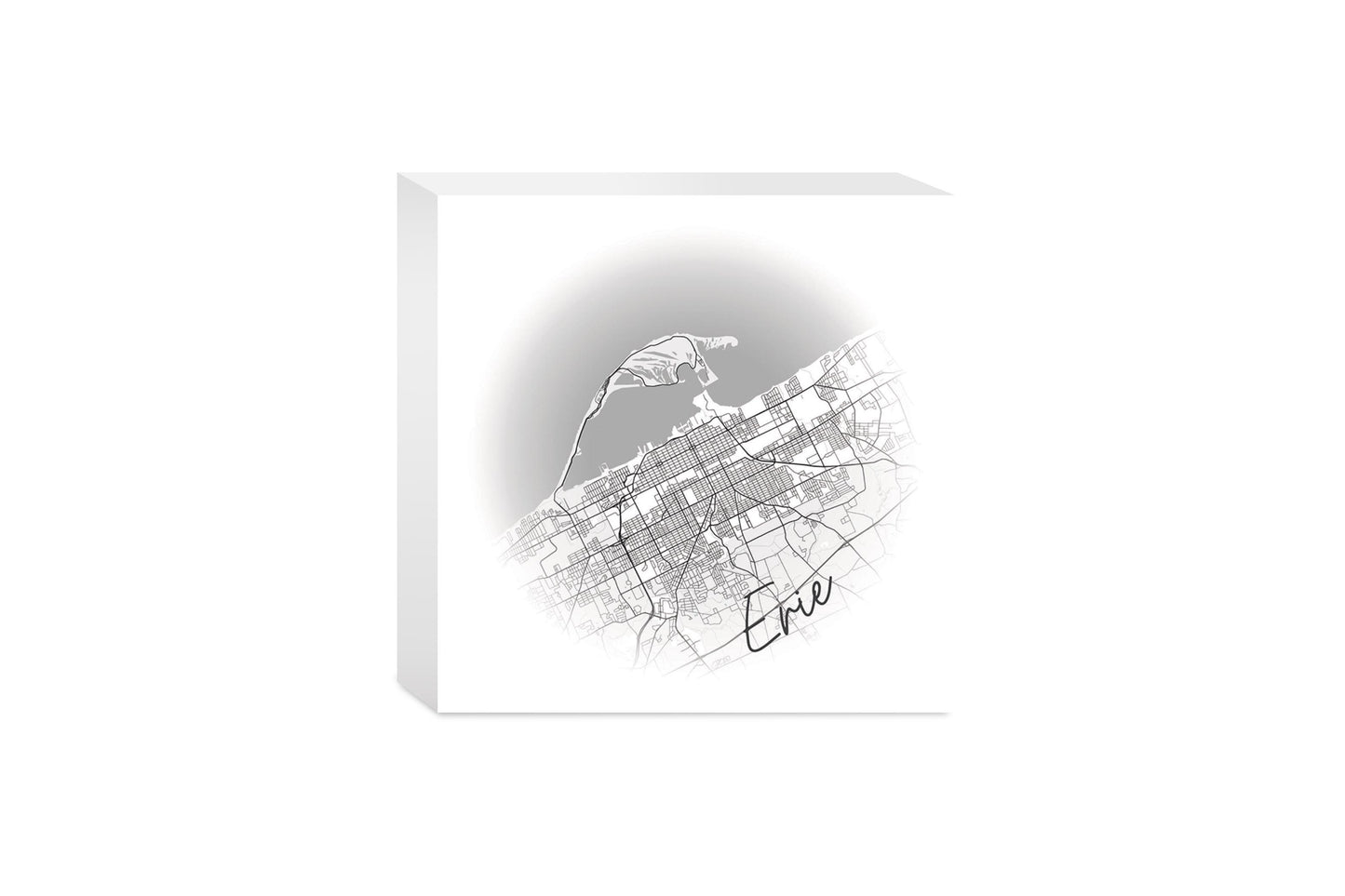 Minimalistic B&W Pennsylvania Erie Circle Map | Wood Block | Eaches | Min 4