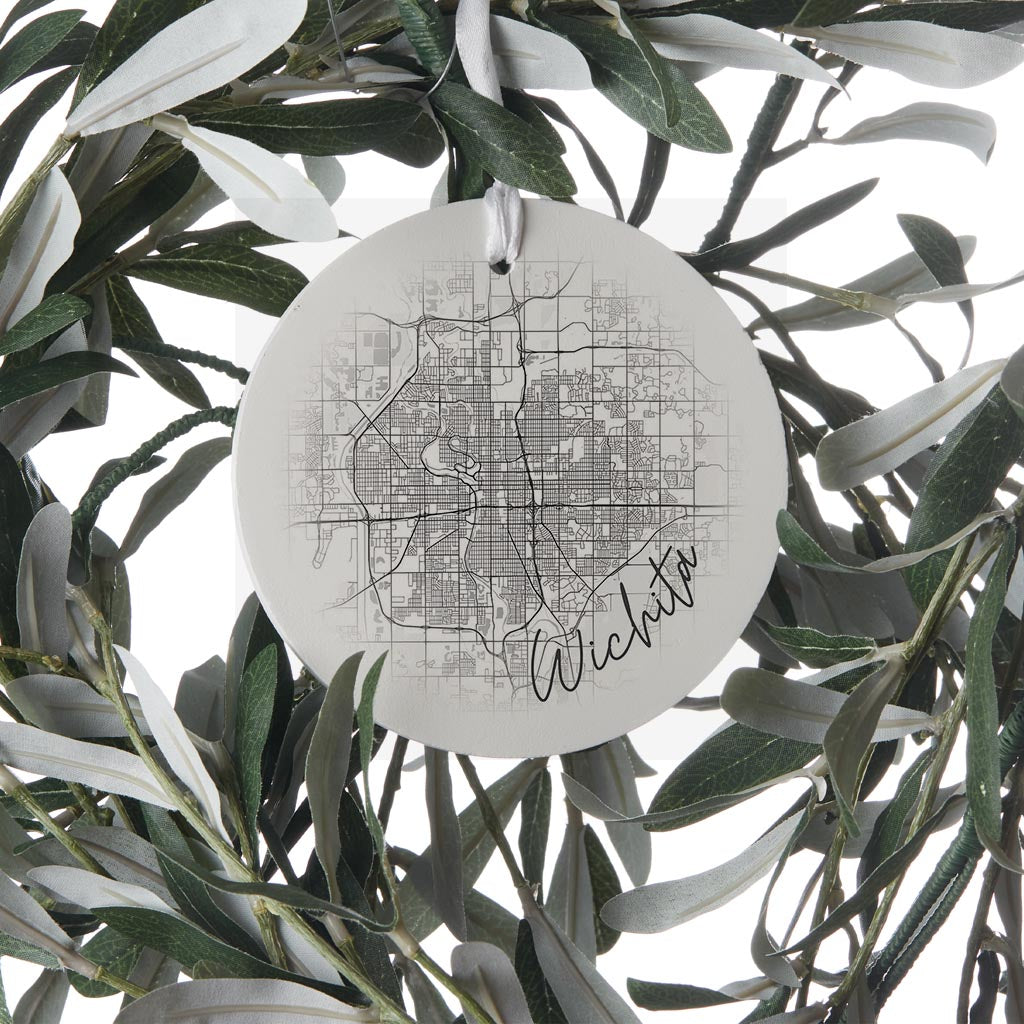 Minimalistic B&W Kansas Wichita Circle Map | Wood Ornament | Eaches | Min 6